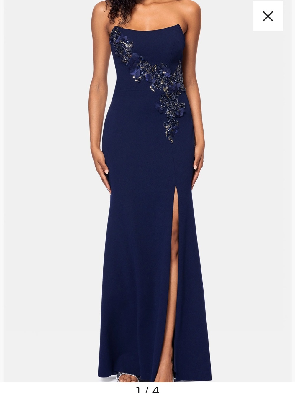 Betsy & Adam Dark Navy Strapless Dress with Beaded Floral Appliqué